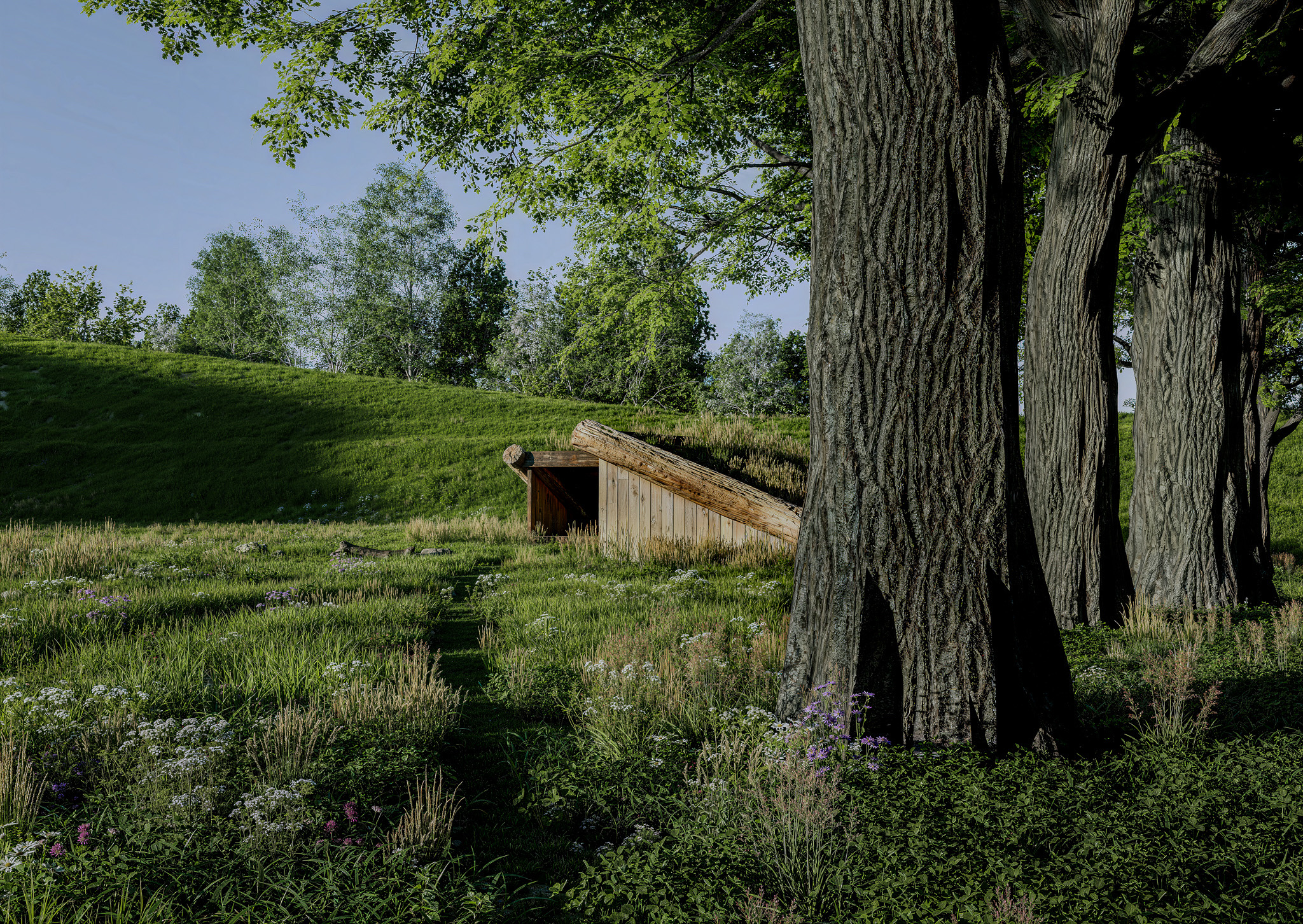 atmospheric landscape render of Havnsø Climate Park, land art shaped from surplus soil